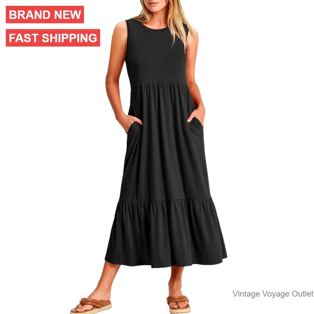 Sleeveless Maxi Dress with Pockets, Elastic Waist, Tiered Design for Beach